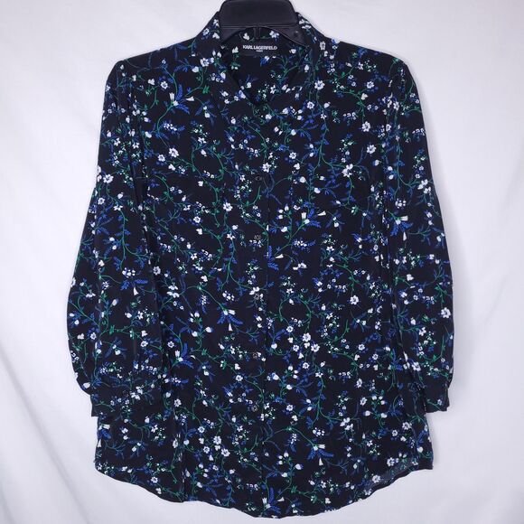 Karl Lagerfeld Blouse Large Floral Navy Balloon Sleeve - Picture 1 of 11